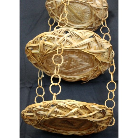 Vtg Boho Tan Beige Woven Bamboo 3 Tiered 19" Hanging Fruit Kitchen Plate Basket - Picture 6 of 11